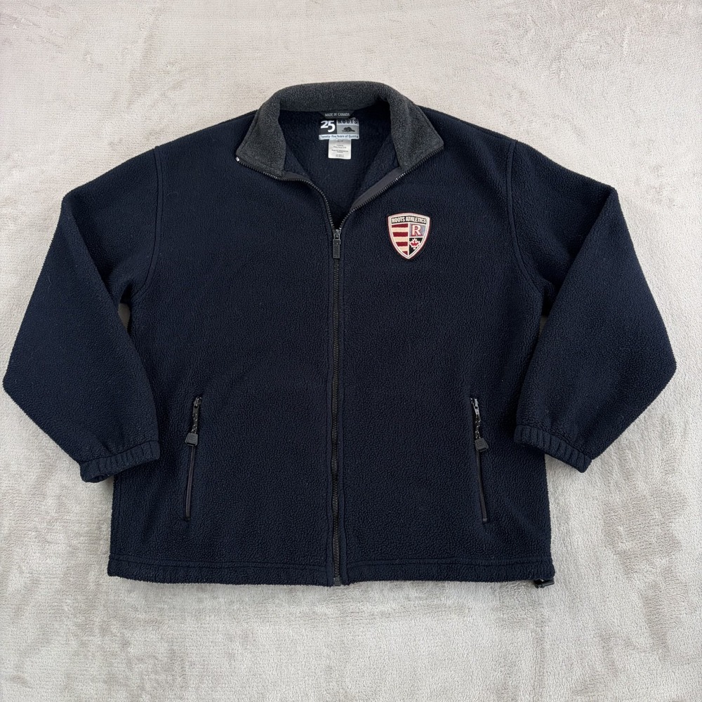 Roots Canada 25 Years Patch Full Zip Fleece Jacket in Navy Men Small